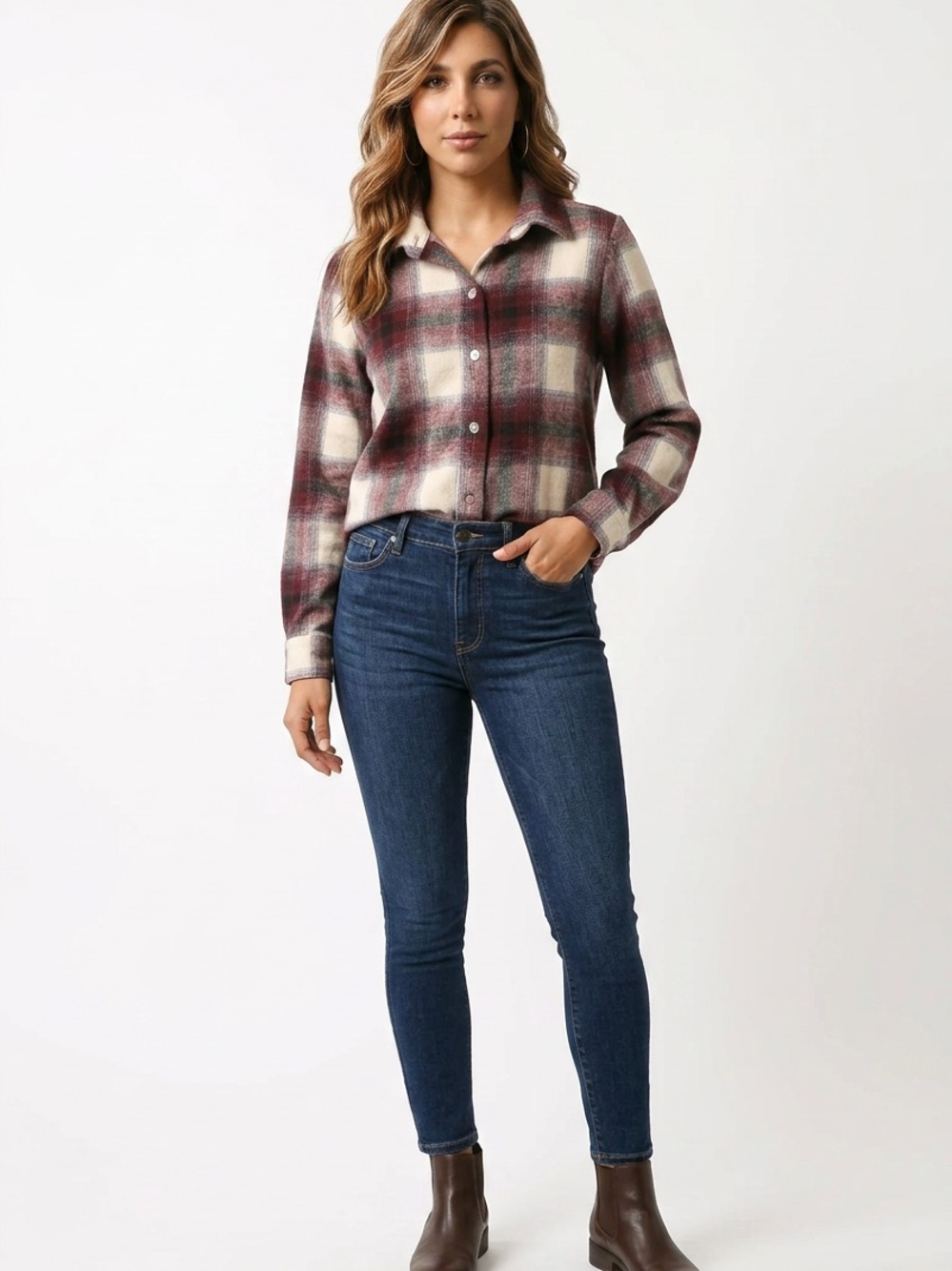 Zenana Outfitters Burgundy and Cream Plaid Shirt